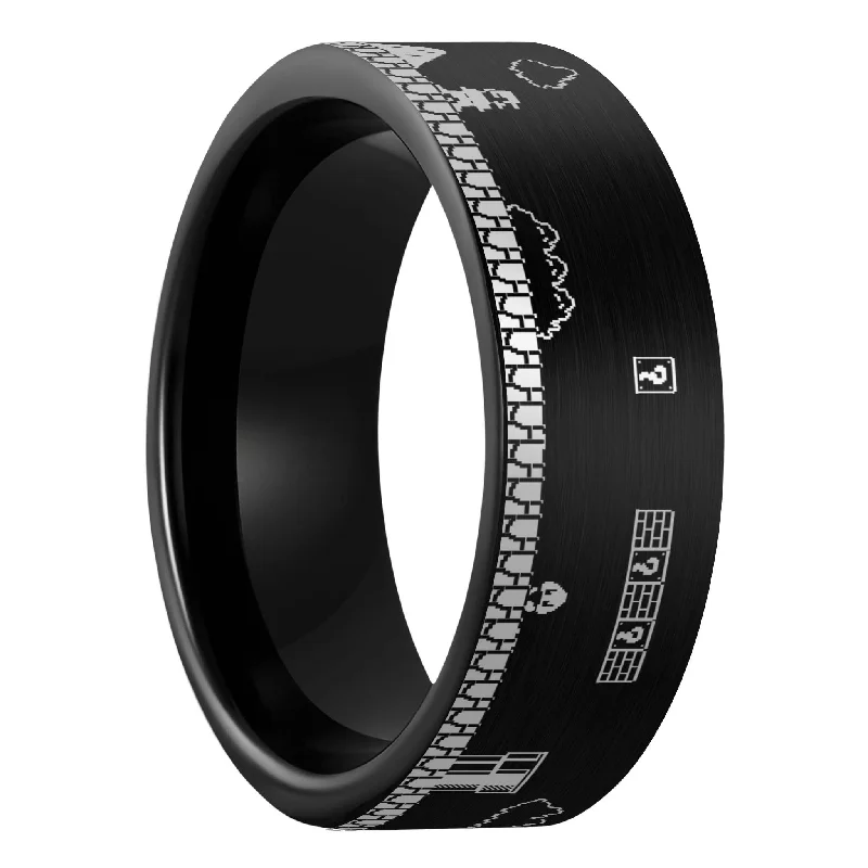 Luxury rings for women-Super Mario Bros Brushed Black Tungsten Men's Wedding Band