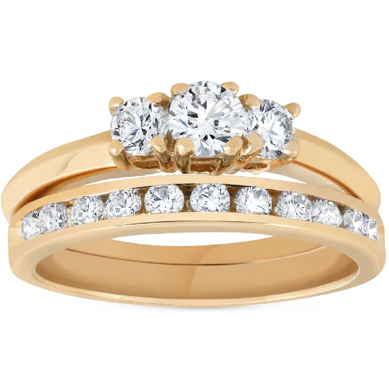 Women’s gold engagement rings-14k Yellow Gold 1ct Diamond Engagement Wedding Ring Set 3Stone Channel Set Round