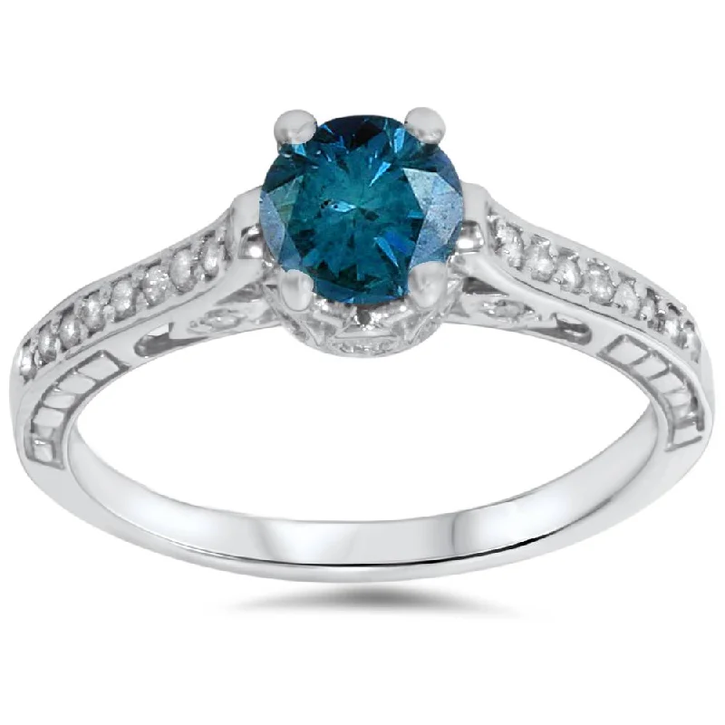 Women’s emerald diamond engagement rings-1 1/4ct Vintage Treatd Blue Diamond Engagement Ring White Gold Round Solitaire