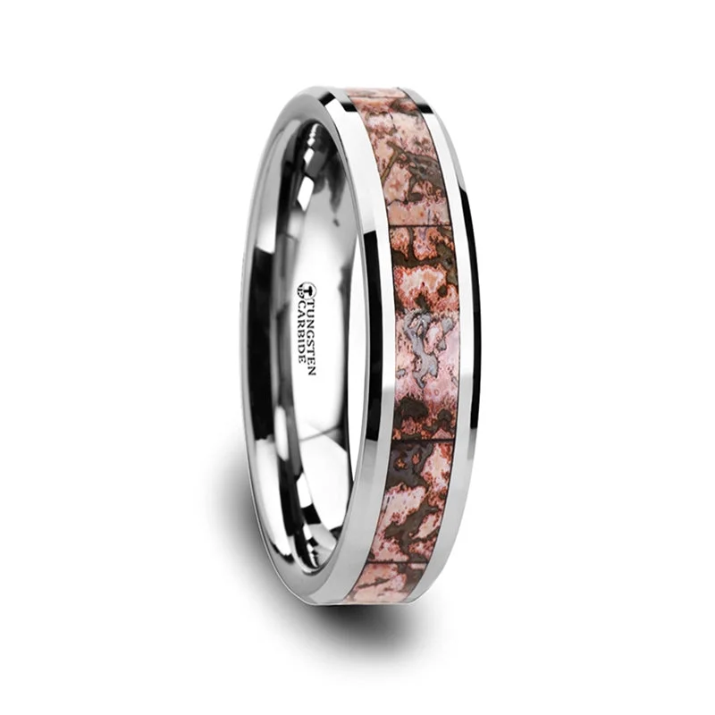 Women’s chunky rings-Pink Dinosaur Bone Inlaid Tungsten Women's Wedding Band