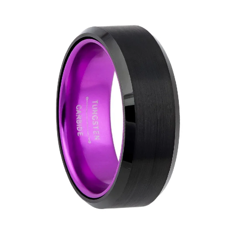 Women’s stylish rings-Flat Black Tungsten Men's Wedding Band with Contrasting Purple Interior