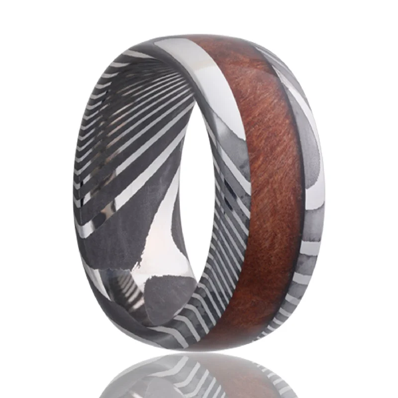 Customizable rings for women-Burl Wood Inlay Damascus Steel Men's Wedding Band