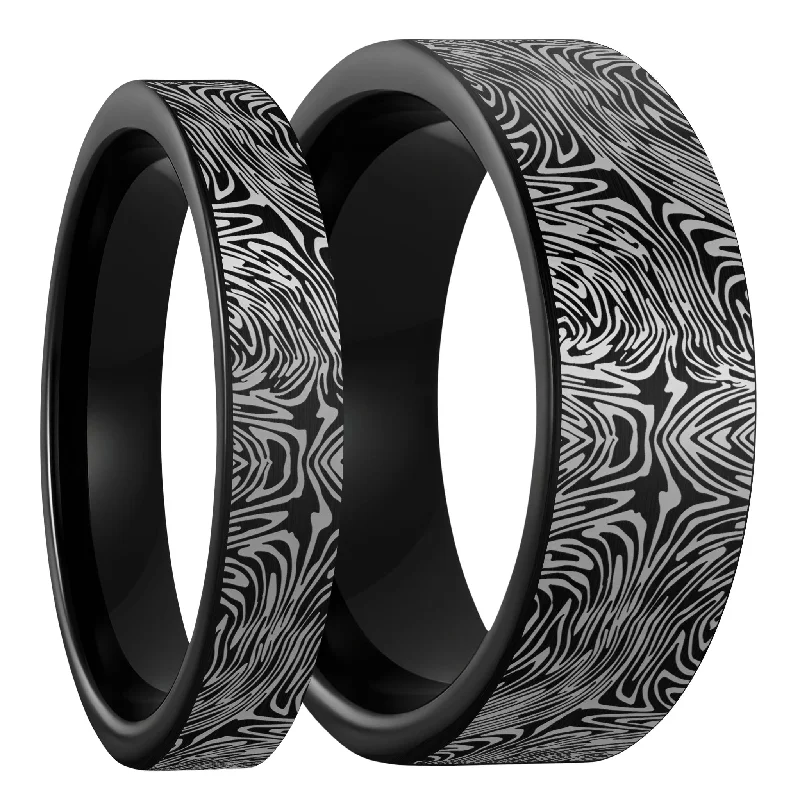 Simple rings for women-Damascus Steel Pattern Engraved Brushed Black Tungsten Couple's Matching Wedding Band Set