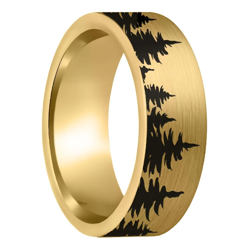 Rose gold rings for women-Treeline Brushed Gold Tungsten Men's Wedding Band