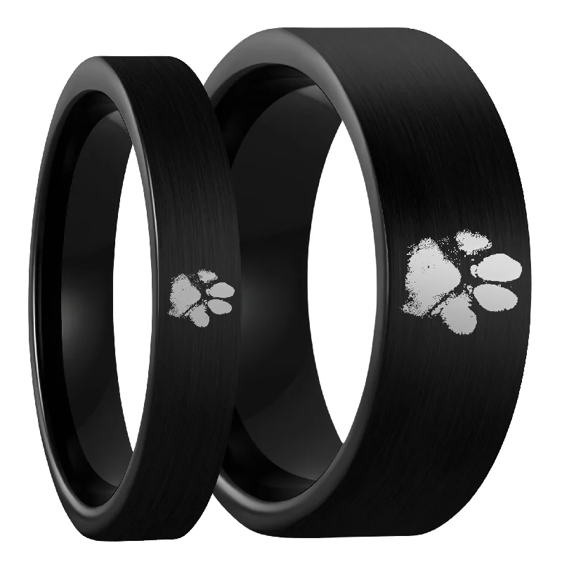 Women’s chunky rings-Custom Paw Print Brushed Black Tungsten Couple's Matching Ring Set