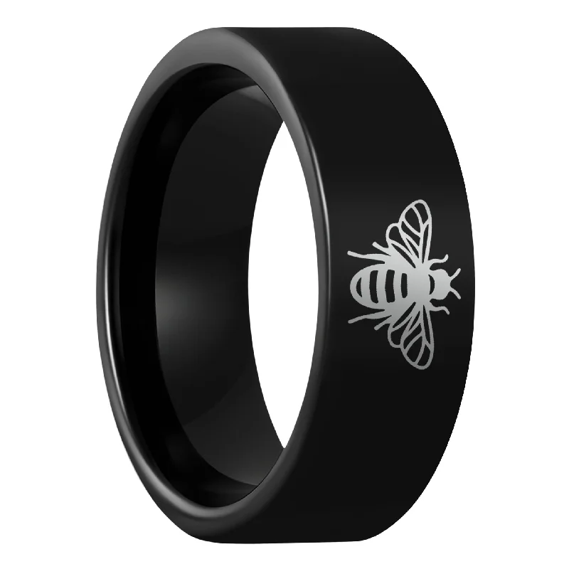 Trendy rings for women-Bee Black Tungsten Men's Wedding Band