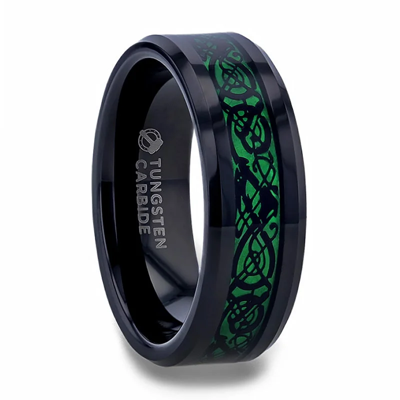 Women’s oval-shaped diamond rings-Black Tungsten Men's Wedding Band with Green Celtic Dragon Inlay