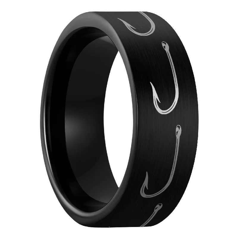 Women’s platinum solitaire rings-Fishing Hook Brushed Black Tungsten Men's Wedding Band