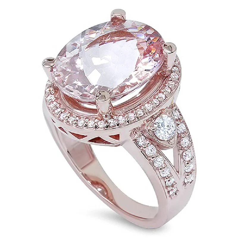 Women’s timeless engagement rings-9ct Morganite & Diamond Engagement Ring 14K Rose Gold Halo Split Shank