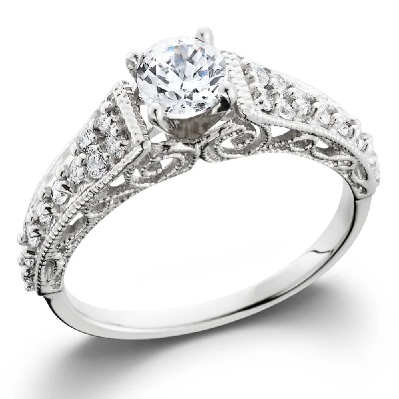 Women’s white gold solitaire engagement rings-1/2ct Vintage Filigree Diamond Engagement Ring 14K White Gold