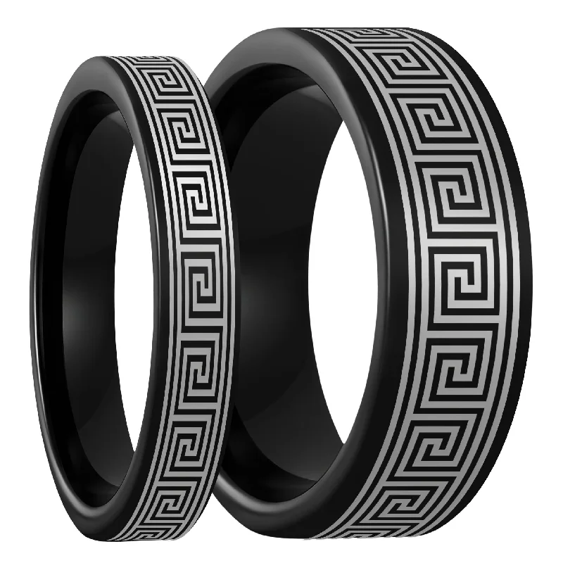 Women’s wedding rings with rubies-Greek Key Black Tungsten Couple's Matching Wedding Band Set