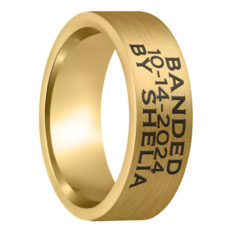 Women’s rings with emerald stones-Duck Band Custom Engraved Brushed Gold Tungsten Men's Ring