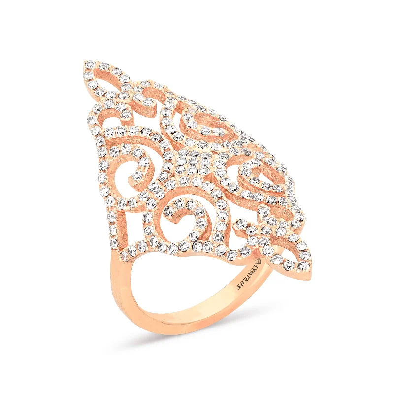 Women’s solitaire engagement rings-Filigree Rose Gold Pave Diamond Cocktail Ring