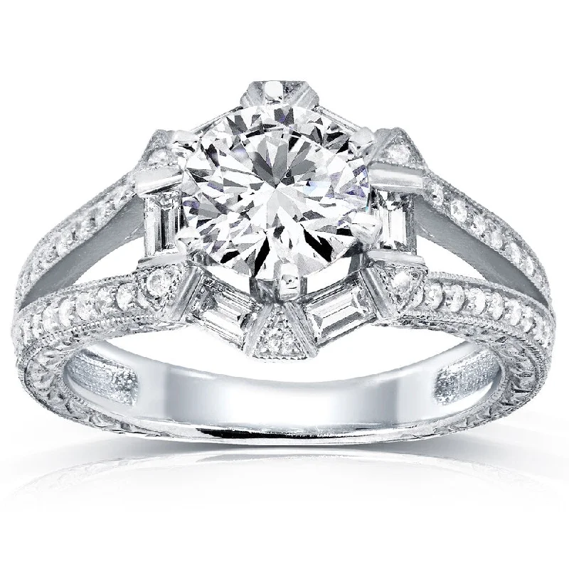 Women’s halo engagement rings-Annello by Kobelli 14k White Gold 1 1/2ct TDW Diamond Art Deco Open Shank Engagement Ring