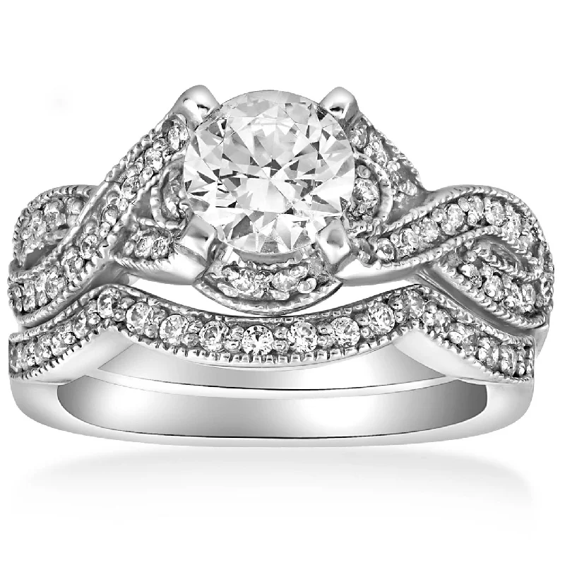 Women’s platinum diamond engagement rings-1 1/2ct Infinity Vintage Diamond Engagement Ring Set 14K White Gold