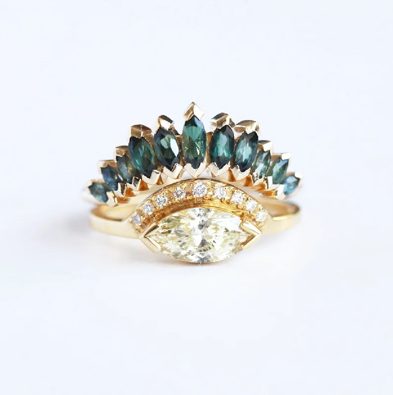 Women’s twisted band engagement rings-Yellow Champagne Diamond Ring with teal sapphire marquise