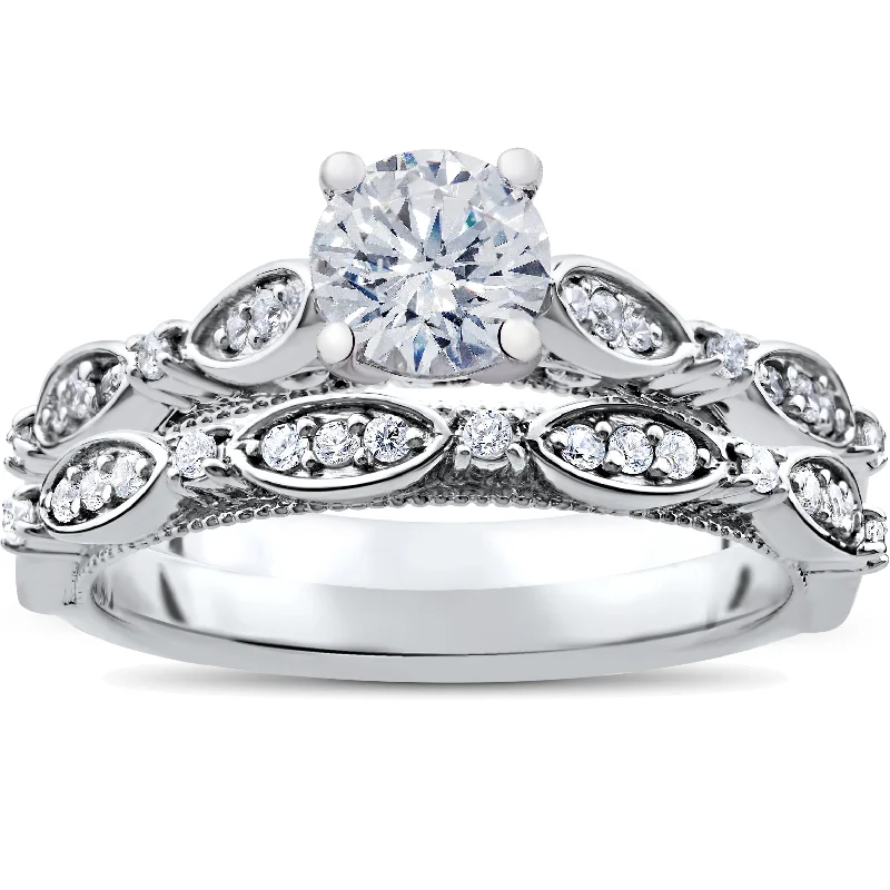 Women’s round-cut engagement rings-1 ct Vintage Diamond Engagement Ring & Matching Wedding Band Set 14k White Gold