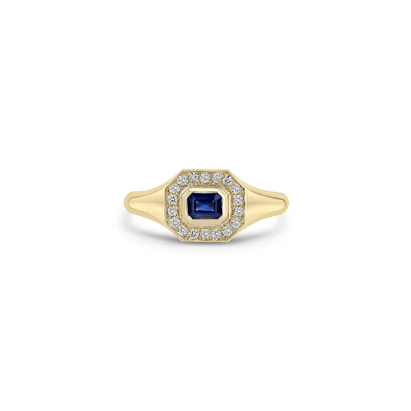 Women’s nature-inspired engagement rings-14k Emerald Cut Blue Sapphire Diamond Halo Signet Ring