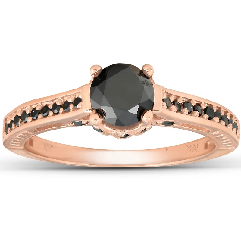 Women’s halo-set diamond engagement rings-1 1/4ct Vintage Round Cut Black Diamond Engagement Ring 14K Rose Gold