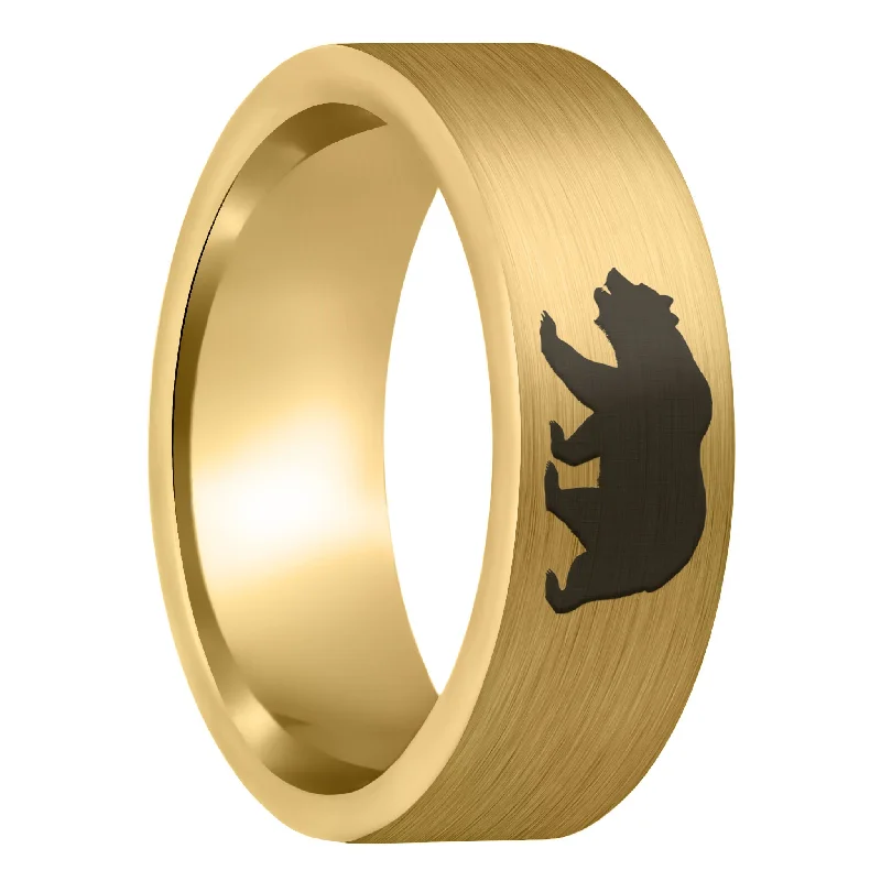 Women’s designer rings-Bear Brushed Gold Tungsten Men's Wedding Band