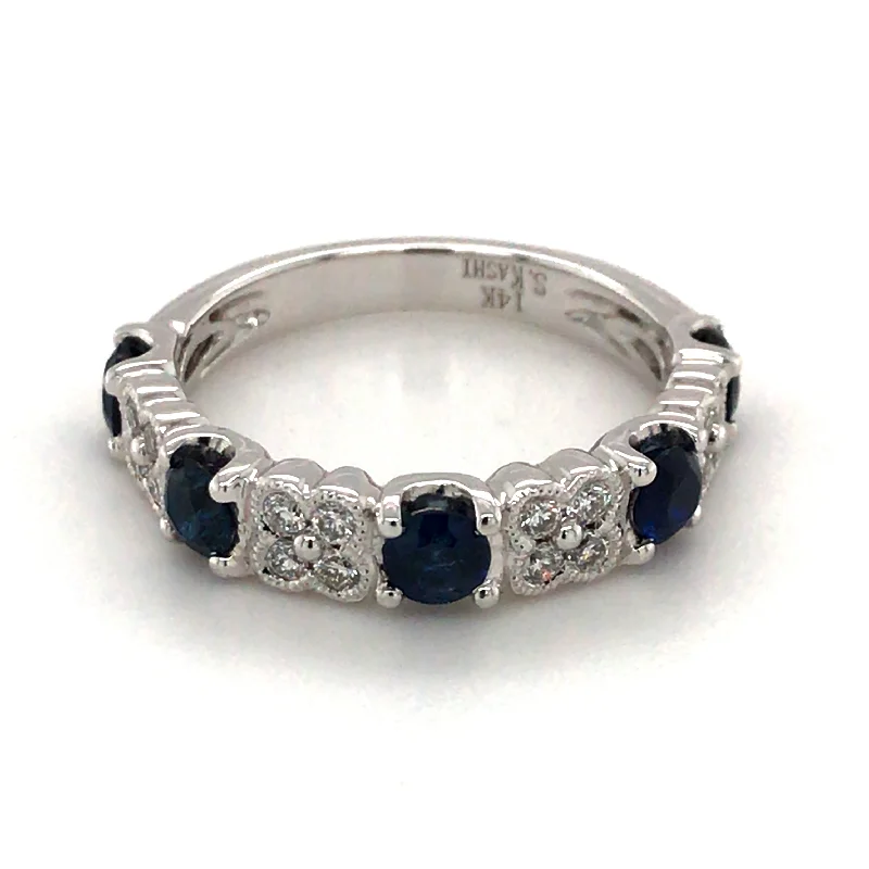 Women’s engraved engagement rings-14k White Gold Diamond & Sapphire Band