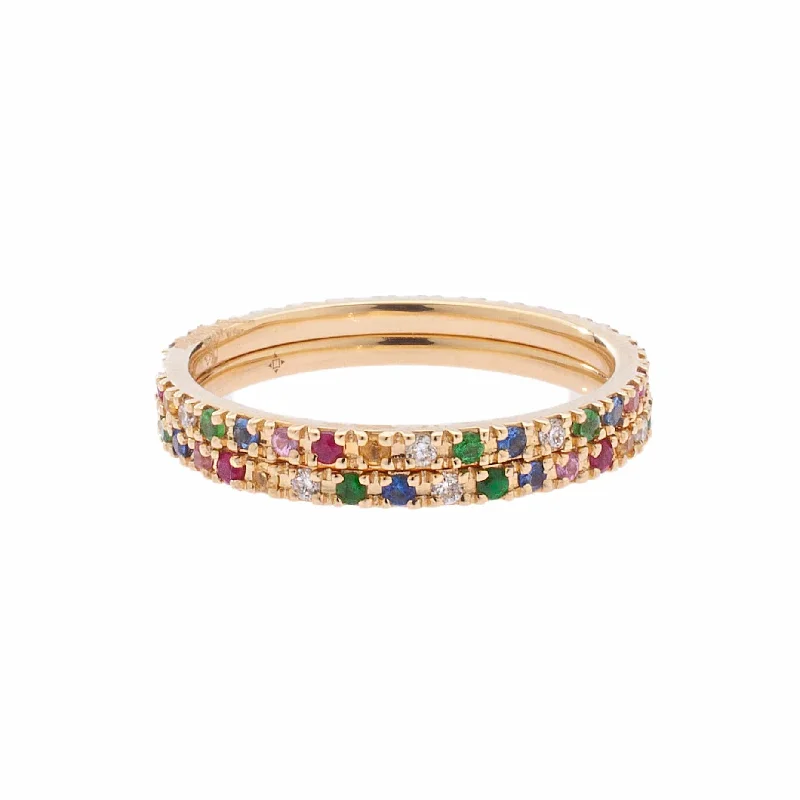 Women’s classic engagement rings-Rainbow 14K Gold Medium size multi-color sapphire and Diamond Eternity Stacking Rings