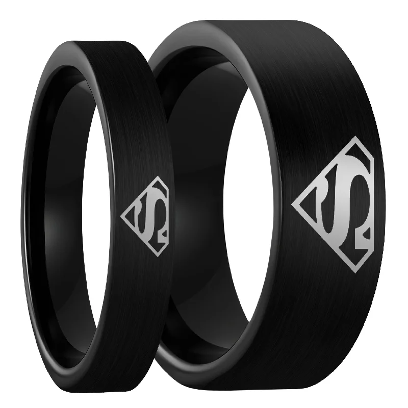 Women’s bridal rings-Superman Brushed Black Tungsten Couple's Matching Wedding Band Set