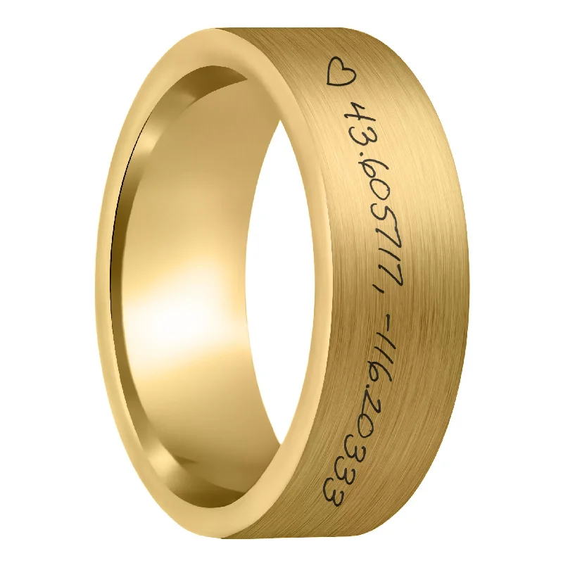 Women’s platinum solitaire rings-Custom Handwritten Coordinates Brushed Gold Tungsten Men's Ring