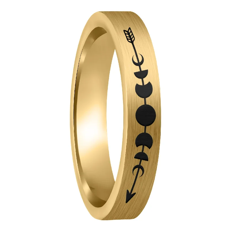 Women’s adjustable rings-Moon Phases Arrow Brushed Gold Tungsten Women's Wedding Band