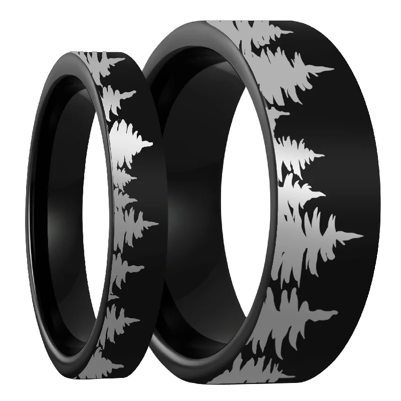 Women’s large rings-Treeline Black Tungsten Couple's Matching Wedding Band Set