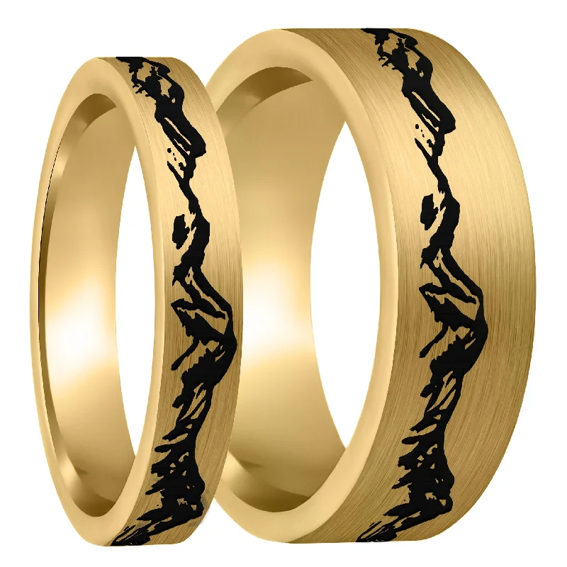 Women’s oversized rings-Mountain Range Brushed Gold Tungsten Couple's Matching Wedding Band Set