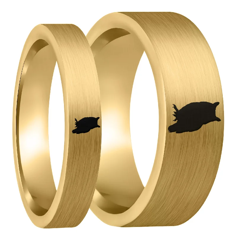 Women’s wedding rings with gemstones-Owl Brushed Gold Tungsten Couple's Matching Wedding Band Set