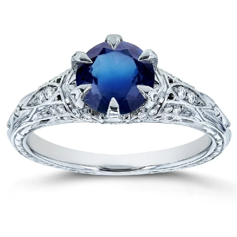 Women’s pave engagement rings-Annello by Kobelli 14k White Gold 1 1/6ct TGW Sapphire and Diamond 6-Prong Antique Engagement Ring