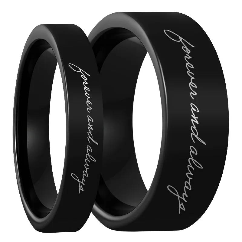 Women’s ring collections-Custom Handwriting Black Tungsten Couple's Matching Ring Set