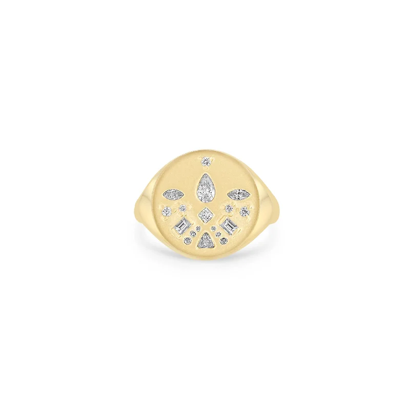 Women’s affordable diamond engagement rings-14k Diamond Mosaic Brushed Gold Round Signet Ring