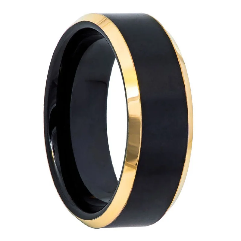 Women’s double band rings-Black Tungsten Men's Wedding Band with Gold Edges