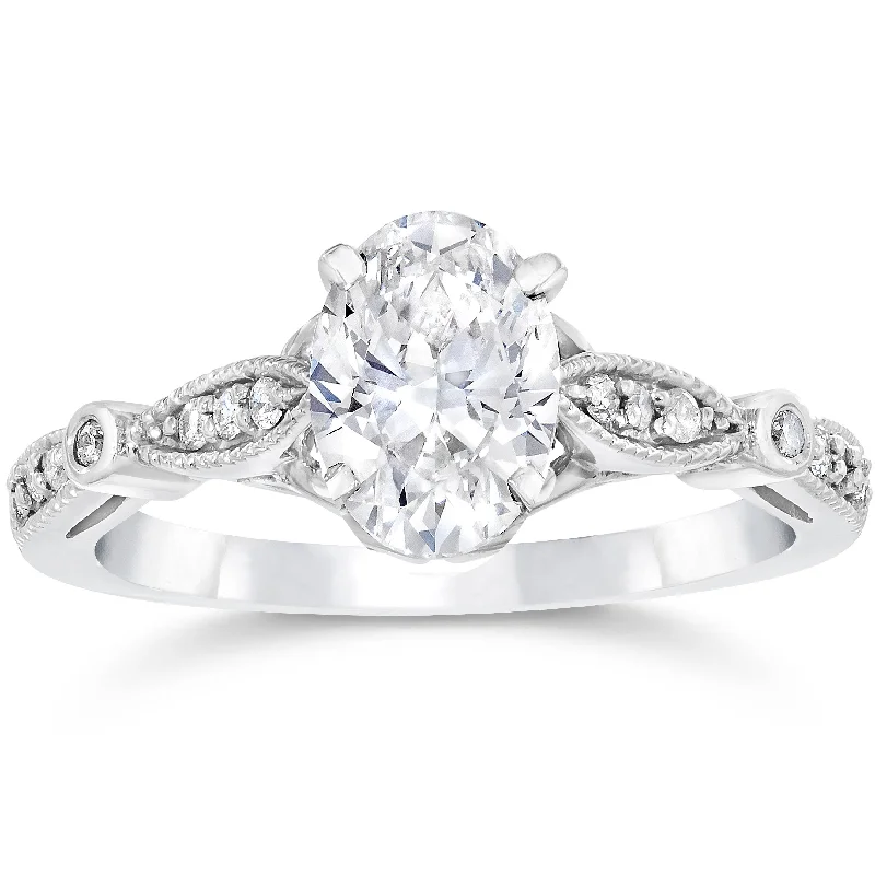 Women’s vintage-inspired gemstone engagement rings-1 1/10 ct Oval Diamond Vintage Engagement Ring Solitaire Antique 14 K White Gold