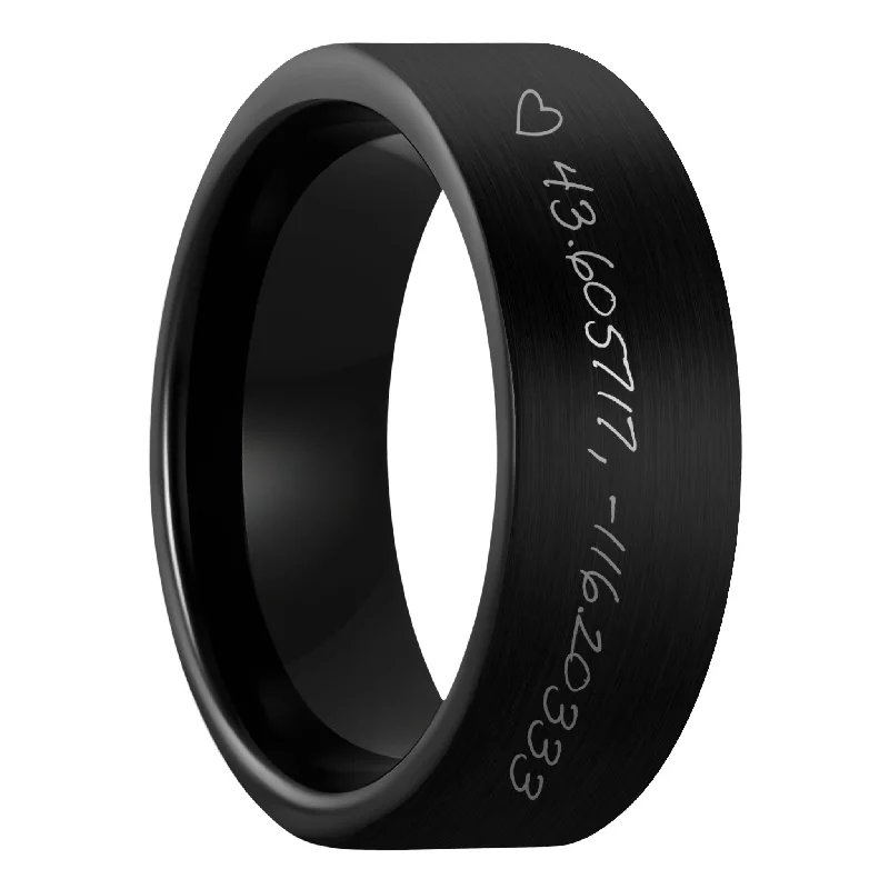 Women’s contemporary rings-Custom Handwritten Coordinates Brushed Black Tungsten Men's Ring