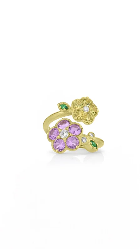 Women’s vintage engagement rings-Wild Child Bypass Ring in Yellow Gold with Pink and Yellow Sapphires, White Diamonds, and Tsavorite