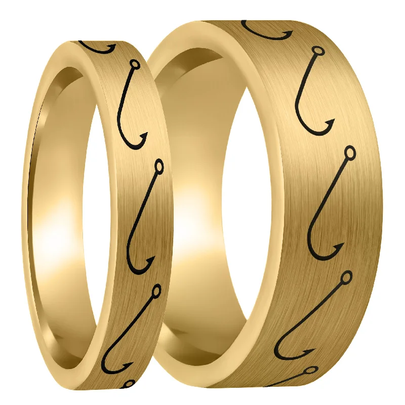 Women’s platinum rings-Simple Fishing Hook Brushed Gold Tungsten Couple's Matching Wedding Band Set