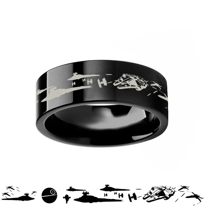 Women’s adjustable rings-Star Wars Battle Scene Black Tungsten Wedding Band