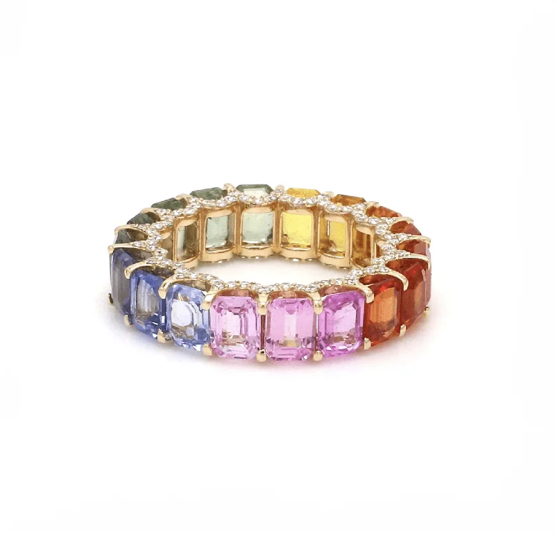 Women’s infinity engagement rings-14K or 18K Gold Emerald Cut Rainbow Sapphire and Pave Diamond Eternity Band