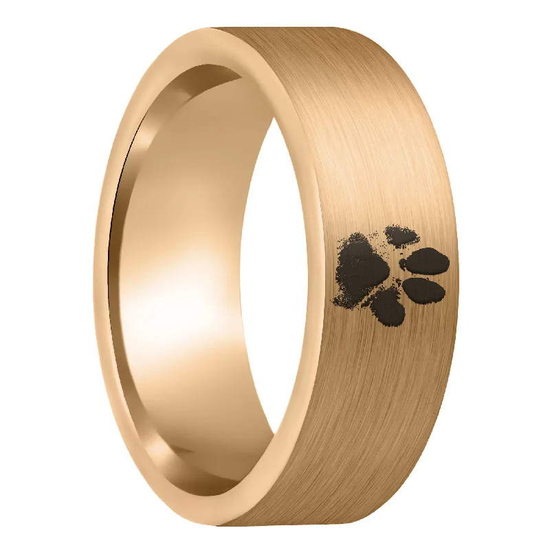 Women’s personalized name rings-Custom Paw Print Brushed Rose Gold Tungsten Men's Ring