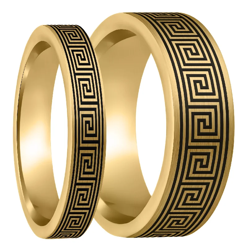 Women’s halo diamond rings-Greek Key Brushed Gold Tungsten Couple's Matching Wedding Band Set