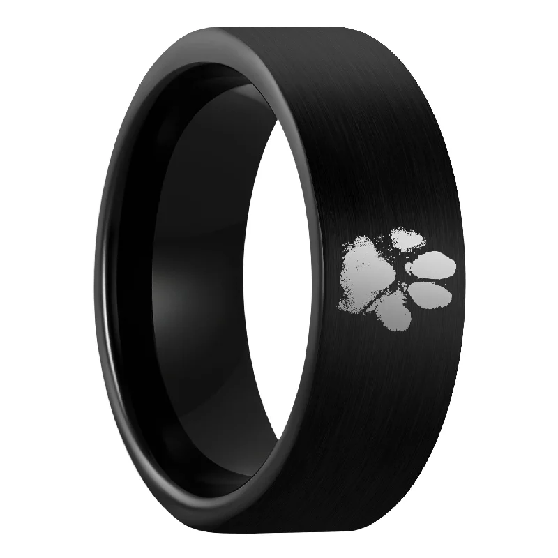 Women’s designer rings-Custom Paw Print Brushed Black Tungsten Men's Ring