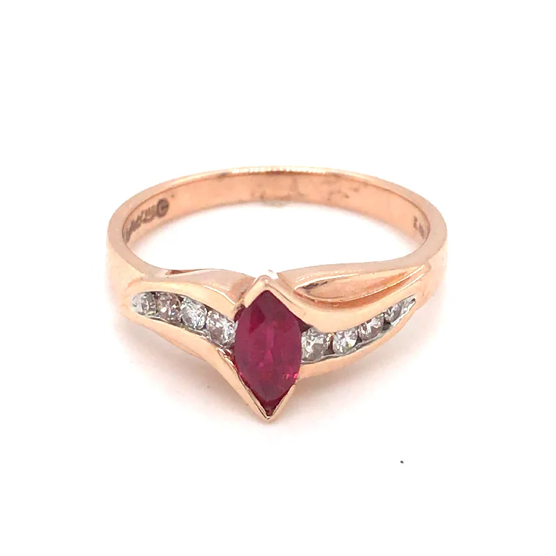 Women’s classic engagement rings-14k Rose Gold Marquise Ruby and Diamond Ring