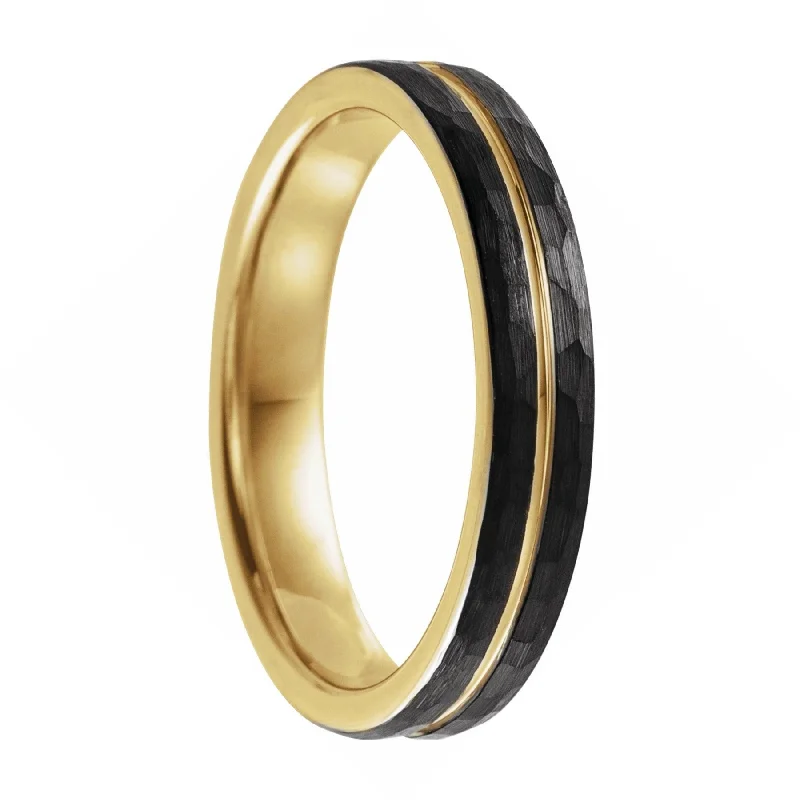 Luxury rings for women-Hammered Black Tungsten Wedding Band with Yellow Gold Groove & Interior