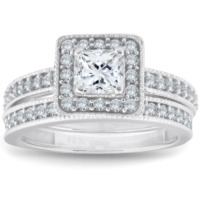 Women’s princess cut engagement rings-1ct Princess Cut Halo Diamond Engagement Wedding Ring Set 14K White Gold