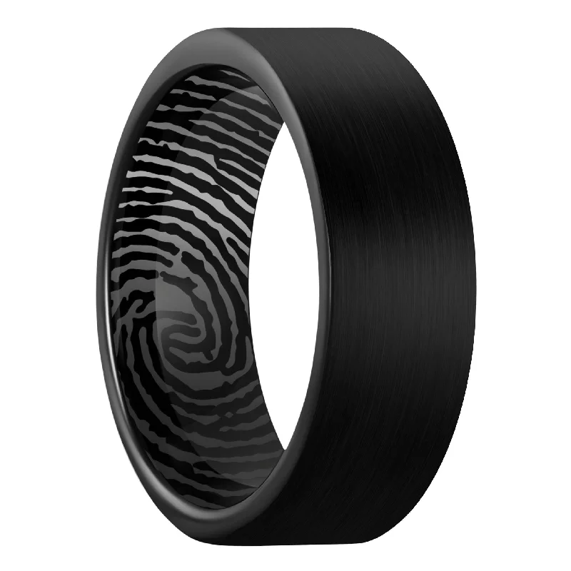 Women’s oval-shaped diamond rings-Custom Inside Fingerprint Brushed Black Tungsten Men's Ring