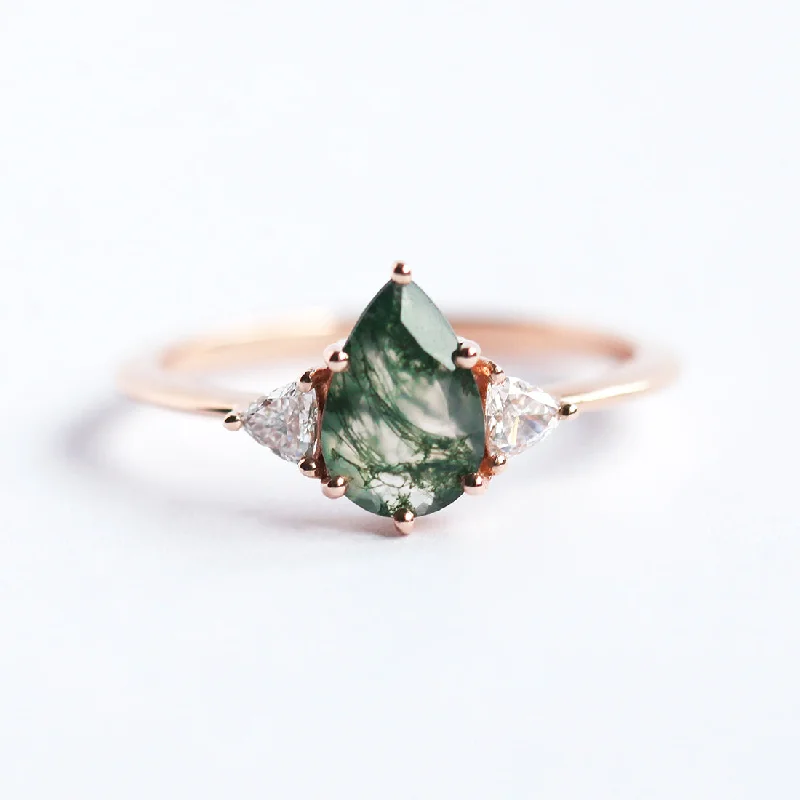 Women’s side stone engagement rings-Leonora Pear Moss Agate Ring With Accent Diamonds